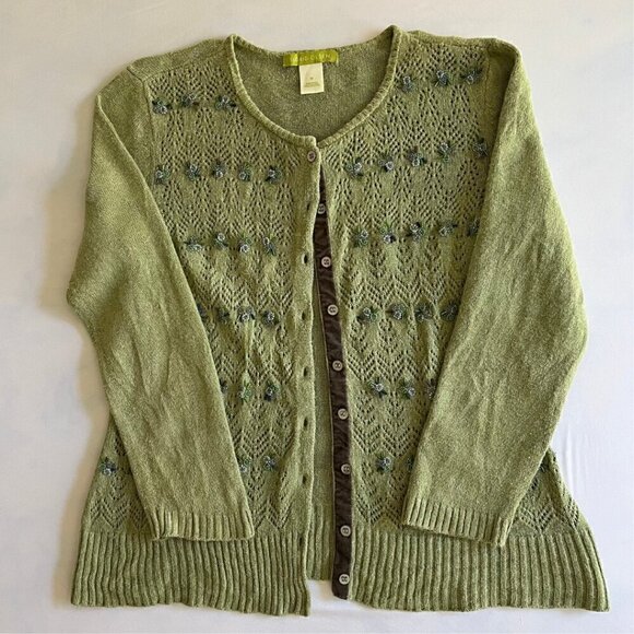Sigrid Olsen VTG Beaded Green Knit Button Up Cardigan Sweater - Picture 1 of 8